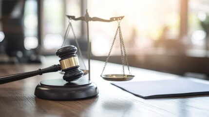Gavel and scales of justice on desk, office background, legal concept