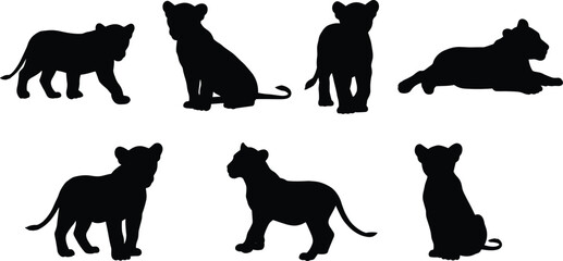 Lion cub silhouettes, wild animal icons, black vector poses, CAD drawing, flat illustration, jungle wildlife, feline behavior, isolated set