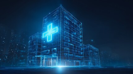Futuristic Digital Hospital: Glowing Wireframe Building with Medical Cross Sign on Abstract Blue Technology City Background.