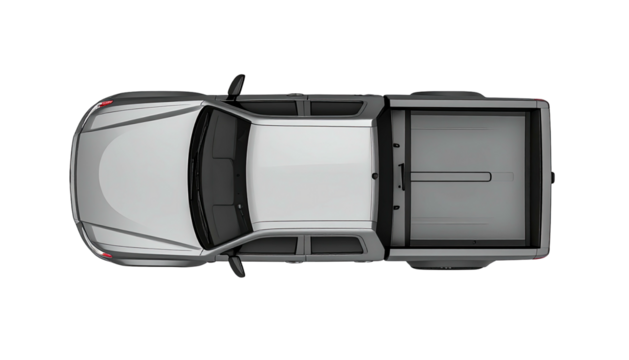 Silver pickup truck, overhead view, bed cover