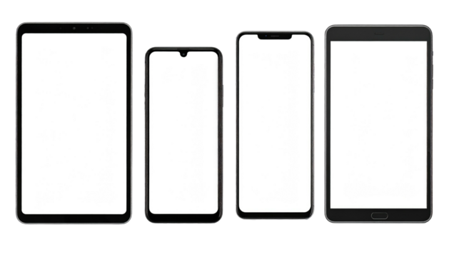 Four black frameless mobile digital devices, with blank white screens against a stark black background
