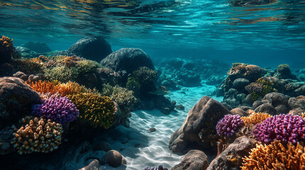 Under ocean clear water , can see beautiful of coral.