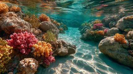 Beautiful of multi color of coral and white sand under ocean very clear water.