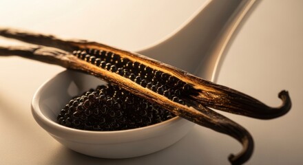 Aromatic vanilla bean pods and rich caviar on a spoon, highlighting culinary flavoring