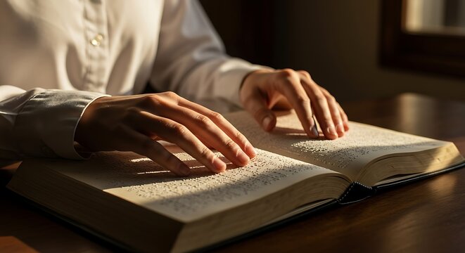 Blind person reading braille book with fingers in dimly lit room, demonstrating accessibility and resilience.