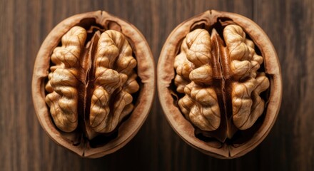 Perfectly Split Walnuts A Close-Up View of Healthy Natural Nut Halves on a Rustic Wooden Background