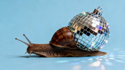 A snail with a disco ball shell glides across a smooth, light blue surface, blending whimsy and motion in a surreal composition.