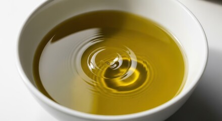 Golden Olive Oil with Concentric Ripples in a White Bowl, Ready for Culinary Use