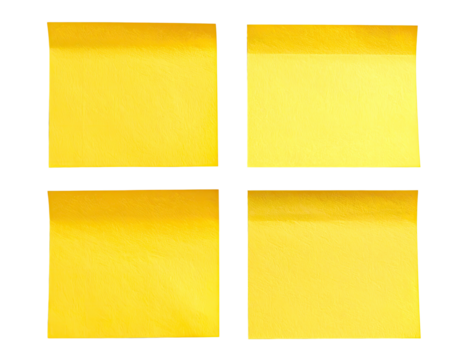 Four yellow sticky notes, blank, arranged in a square