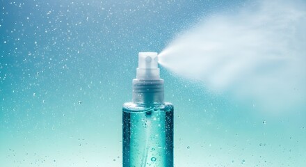 Fresh moisturizing mist bottle sprayed in cool aqua background