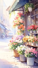 Fototapeta premium Street Flower Shop Corner with Many Flowers