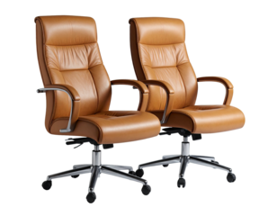 Pair tan leather office chairs, chrome bases, modern style