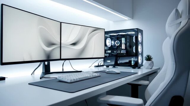 Modern computer setup with dual monitors and gaming chair minimalist design