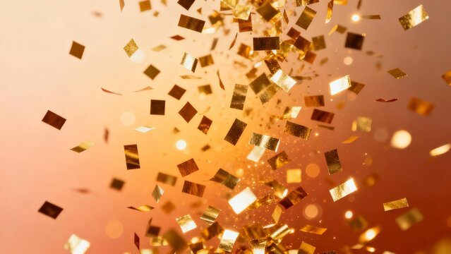 Golden confetti pieces float dynamically against a warm gradient background, creating a festive and celebratory atmosphere.