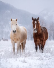 Two majestic horses, one light and one dark, stand attentively in a serene, snow-covered winter landscape against a mountain backdrop