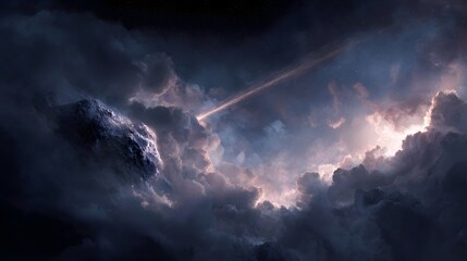 Obraz premium A dramatic cosmic scene featuring a glowing asteroid amidst stormy clouds and starlight