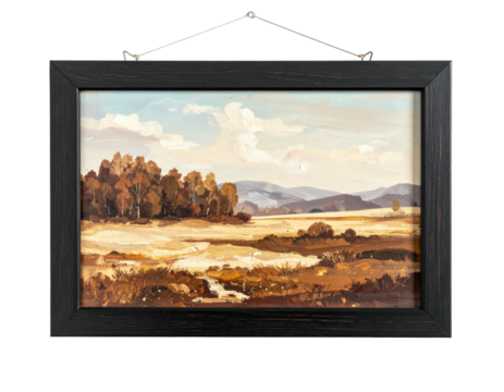 Framed, warm, landscape painting; fields, trees, blue sky