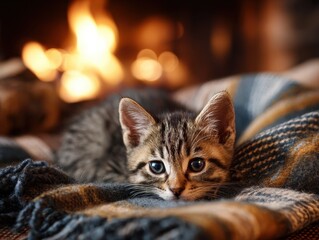 Sweet kitten enjoys the warmth of a cozy blanket by a crackling fireplace, creating a peaceful winter scene