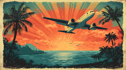 Vintage Tropical Travel Poster with Aged Distressed Look, Palm-Fringed Beach, Exotic Flowers, and Retro Propeller Plane in Flight, Evoking Classic Island Vacations and Timeless Wanderlust