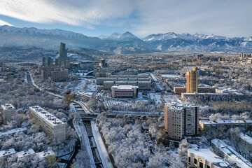 A drone view of the upper part of the Kazakh city of Almaty after a snowfall.