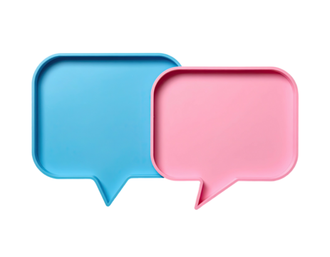 Two speech bubbles, one blue, one pink