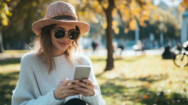 Smiling Young Woman in Hat and Sunglasses Using Smartphone in Sunny Autumn Park