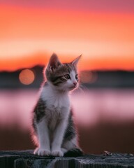 Adorable Kitten Sitting Outdoors at Sunset