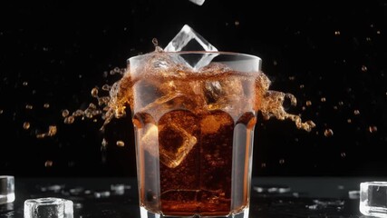 Ice cubes dropping into a glass of cola, splash captured mid-air, black background, crisp details, beverage freshness and energy theme, 8K high-speed render.
 - Powered by Adobe