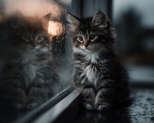 Adorable fluffy kitten gazing thoughtfully out a rain-streaked window, its reflection visible with a warm, soft glow