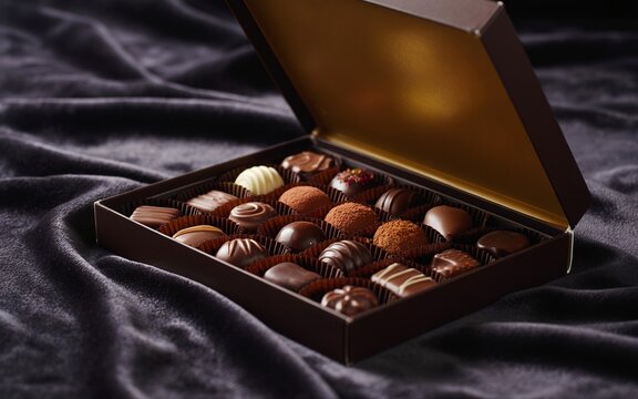 Elegant box of assorted gourmet chocolates on a dark velvet background