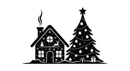 Whimsical christmas house with decorated tree and presents silhouette