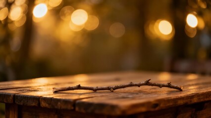 A rustic wooden table with a twig rests in a softly lit outdoor setting, featuring warm bokeh lights in the background.