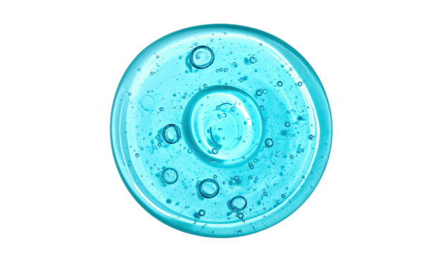 Round, bright blue gel droplet with trapped air bubbles