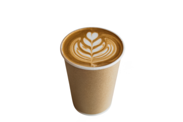 Latte art coffee in a disposable cup isolated on transparent background