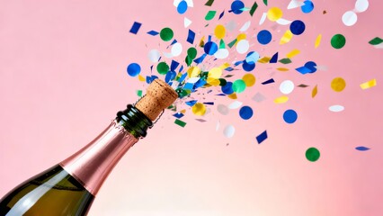 A champagne bottle bursts open, releasing colorful confetti against a soft pink background, capturing a moment of celebration and joy.