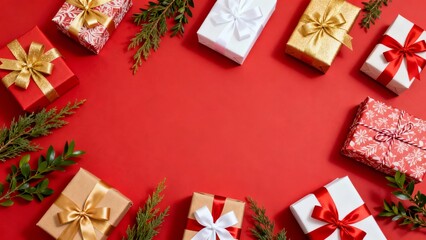 A festive arrangement of wrapped gifts with ribbons and greenery on a vibrant red background, evoking a holiday or celebratory theme.