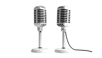 Fototapeta premium Two silver vintage-style microphones stand side-by-side against a black background, one connected with a cable