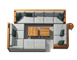 Outdoor sectional sofa set with two tables, top view