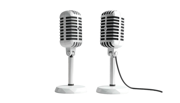 Two silver vintage-style microphones stand side-by-side against a black background, one connected with a cable