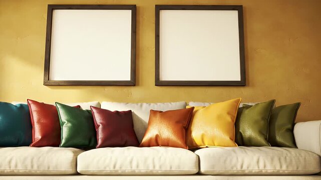 Cozy Living Room Scene With A White Sofa Adorned With Colorful Pillows And Two Empty Frames On A Textured Yellow Wall