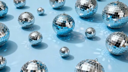A collection of reflective disco balls scattered across a smooth, light blue surface, creating a vibrant and festive visual effect.