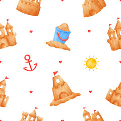 Cute Nautical Sandcastle Watercolor Seamless Pattern. Kids Beach Fun Background, Summer Vacation Seamless Pattern with Watercolor Sandcastles, Buckets, and Anchors – Beach Holiday Background