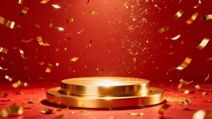 A golden pedestal illuminated against a vibrant red backdrop, adorned with shimmering confetti and sparkling light effects.