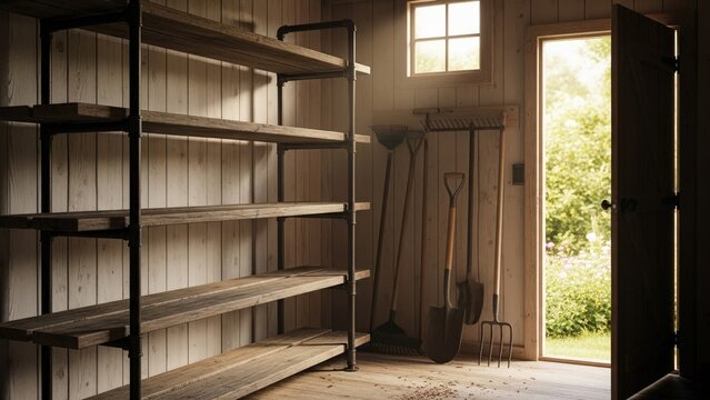 Rustic Garden Shed Interior with Shelving and Tools Facing Open Door to Lush Outdoors