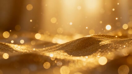 Golden sand dunes shimmer with sparkling bokeh lights, creating a luxurious and ethereal atmosphere.