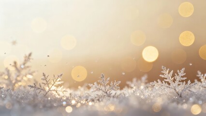 A serene winter scene featuring delicate snowflakes and soft, golden bokeh lights in the background.
