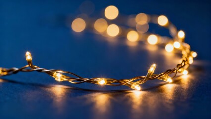 A close-up of a string of warm, glowing fairy lights arranged in a curved pattern on a dark surface, creating a soft bokeh effect in the background.