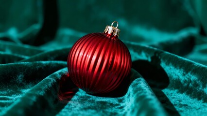 A glossy red Christmas ornament rests on a rich teal velvet fabric, creating a festive and elegant holiday scene.