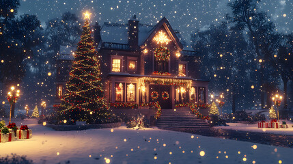 Fototapeta premium Tranquil Christmas night scene with gentle snowfall, a warmly lit home covered in sparkling lights, festive wreaths, and a magnificent holiday tree glowing with seasonal charm.
