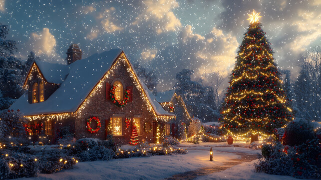 Cozy winter night with soft snowflakes drifting around a beautifully adorned house, radiant with holiday cheer, glowing windows, and a majestic Christmas tree inside.